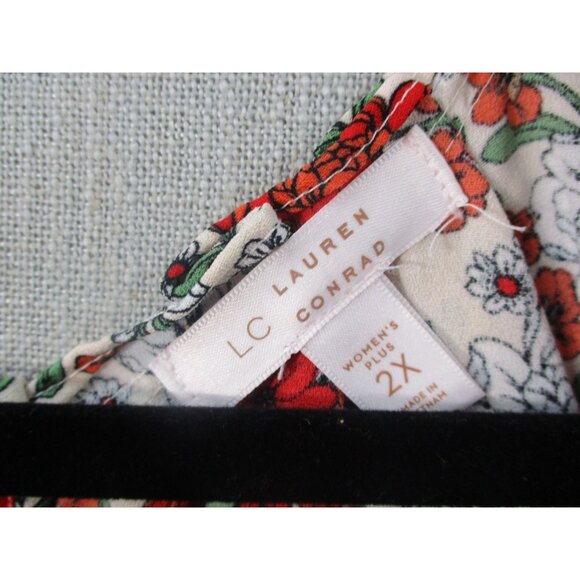 Lauren Conrad Womens Plus Size - 2X Floral Print Blouse Red White Green On Beige - Picture 3 of 10